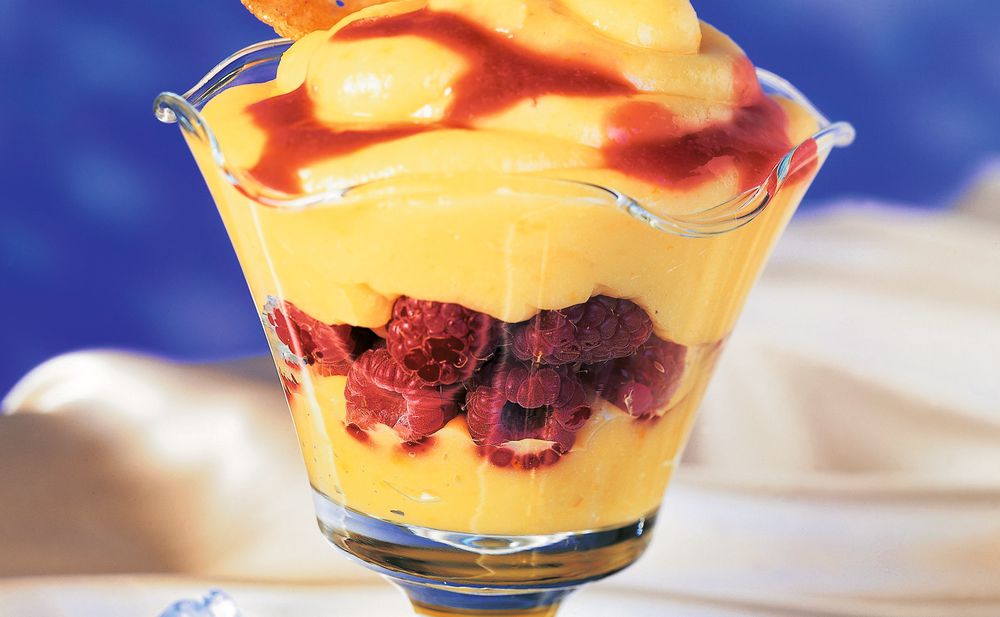 Mangocreme mit Himbeeren mit Mandelplätzchen • Rezept • GUSTO.AT